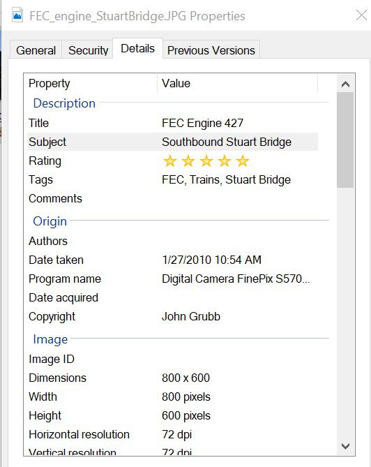 Metadata information for the picture of an FEC engine Southbound on the Stuart Bridge in Stuart, FL