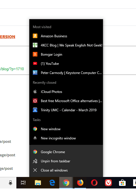 A Google Chrome Jump List originating in the Task Bar.
