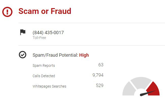 Screen capture indicating that a phone number is a scam.
