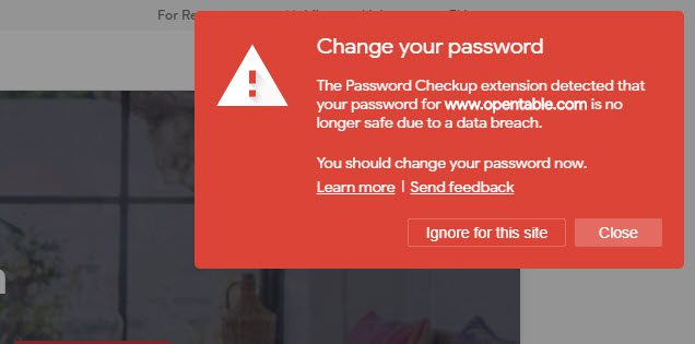 Screenshot of a Google Chrome Password Checkup pop-up.