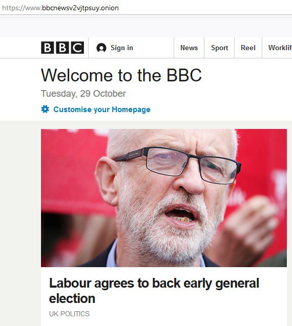 Screenshot of the BBC Dark Web Site