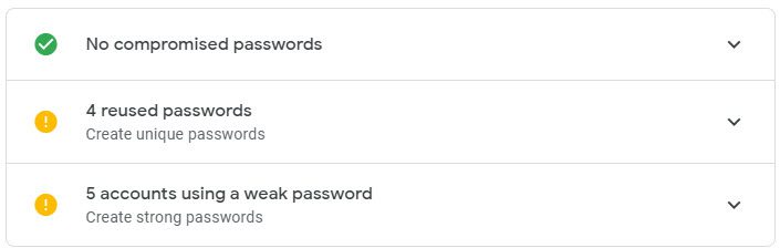 Screenshot of Google Chrome password checker results