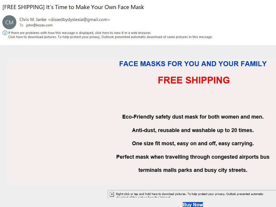 Fake email regarding face masks