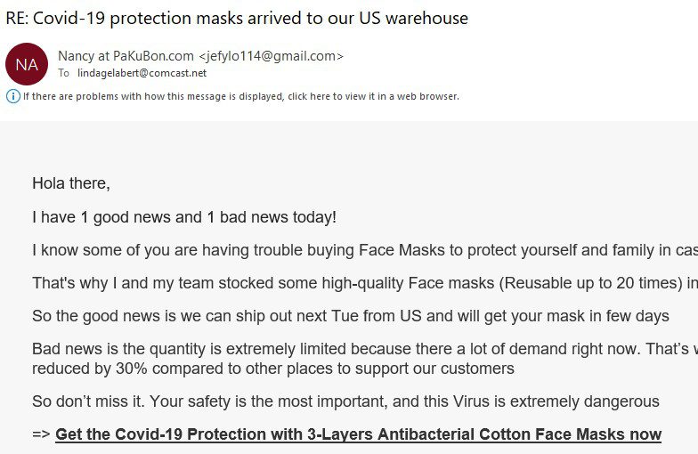 Fake email regarding protection masks