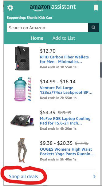 Screen capture of the Amazon Assistant browser extension showing All Deals
