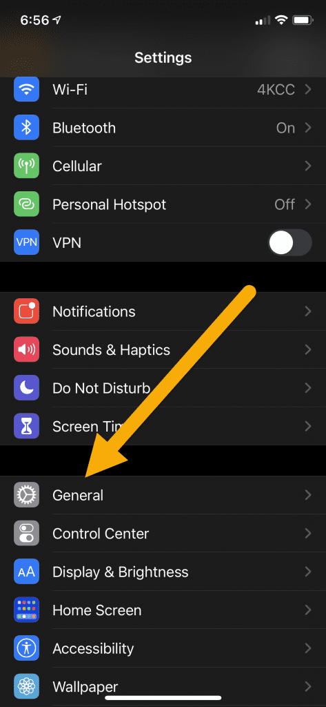 Screenshot of iPhone settings with arrow pointing to "General."