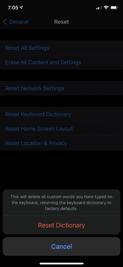 Screenshot of iPhone settings with with "Reset Dictionary" verification options.