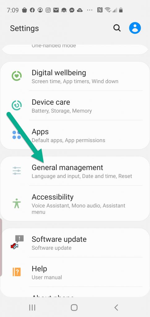 Screenshot of Android settings with arrow pointing to "General Management."