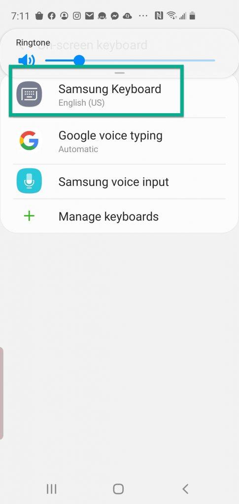 Screenshot of Android settings with a square around "Samsung Keyboard."