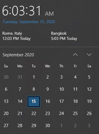 Screenshot of the Windows 10 September calendar