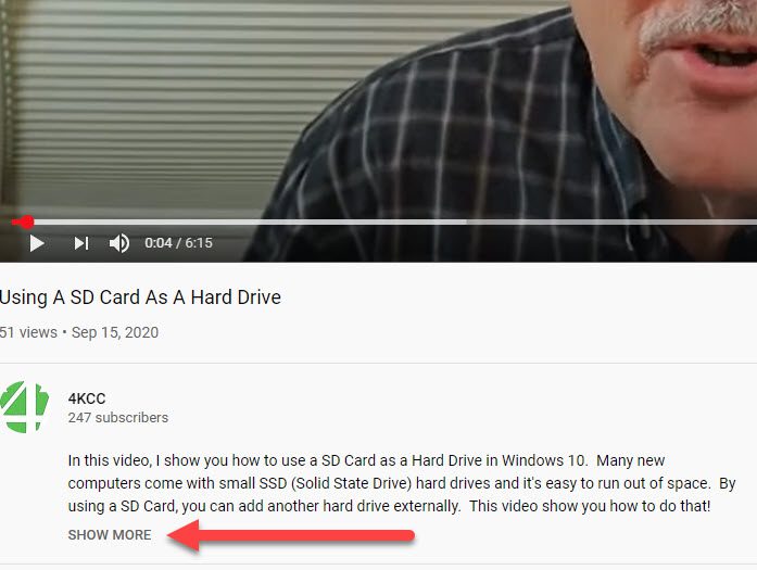 Screen capture of the "Show More" option below a YouTube video