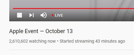 Screenshot of the number of people watching the live Apple event on 10-13-2020