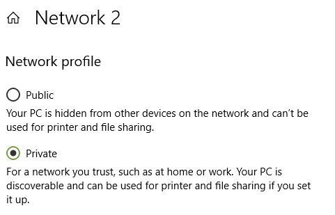 Screenshot of Windows 10 Network settings page