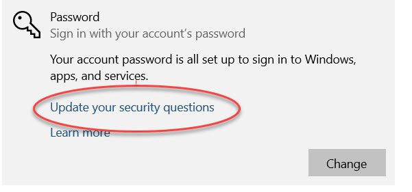 Screenshot of the "Update your security questions" options under Password Windows 10