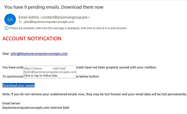 Fake email about undelivered emails