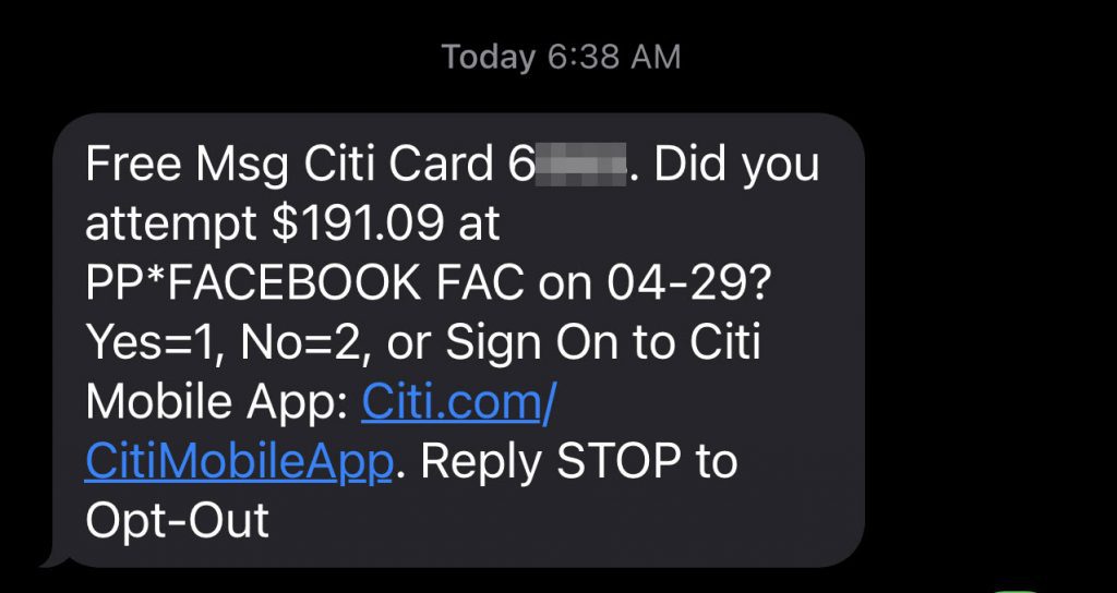 Screenshot of a legitimate banking text