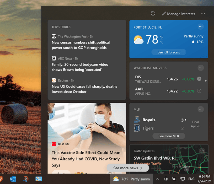 Screenshot of the Windows 10 "News and Interests" on the taskbar