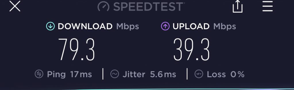 Screenshot of speed test results on my phone - 79.3 download and 39.3 upload