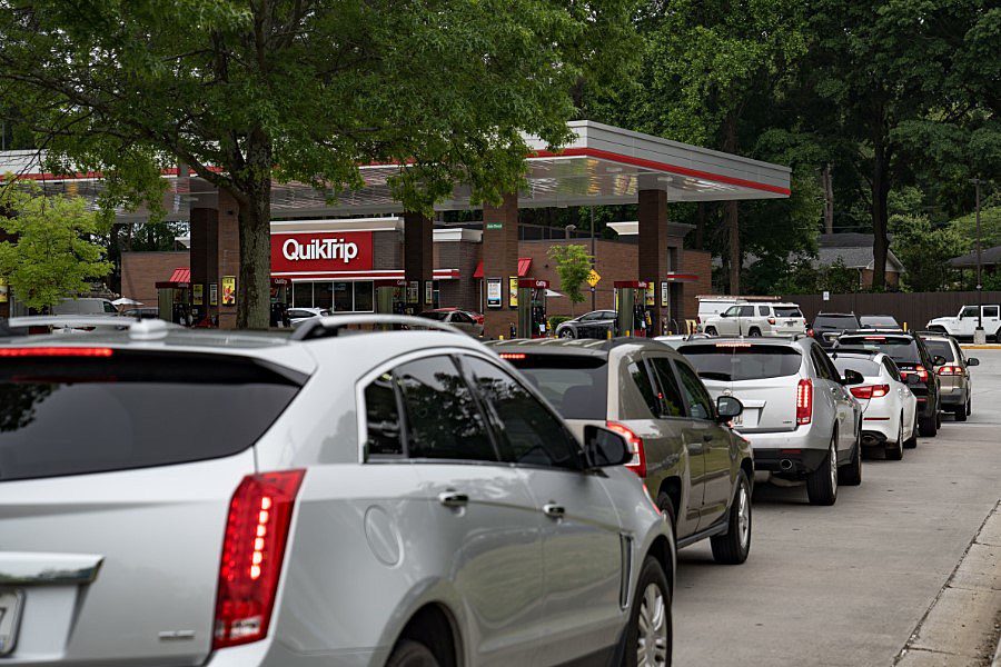 Long gas lines because of the Colonial Pipeline Ransomware attack panic.