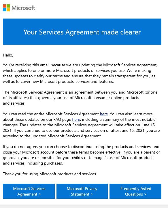 Screen capture of MS agreement email