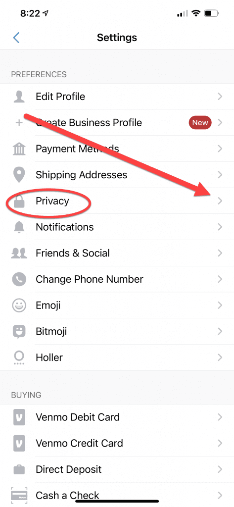 Screenshot of the second privacy window with Privacy circled in red