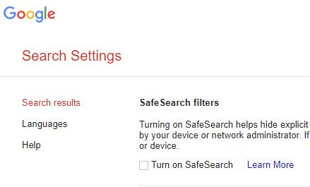 Screenshot of the Google Search Settings