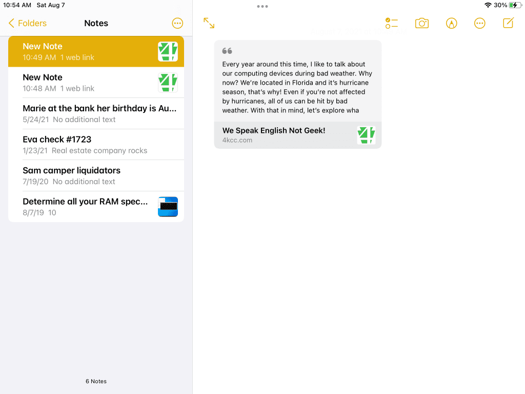 iPadOS 15 - notes app open