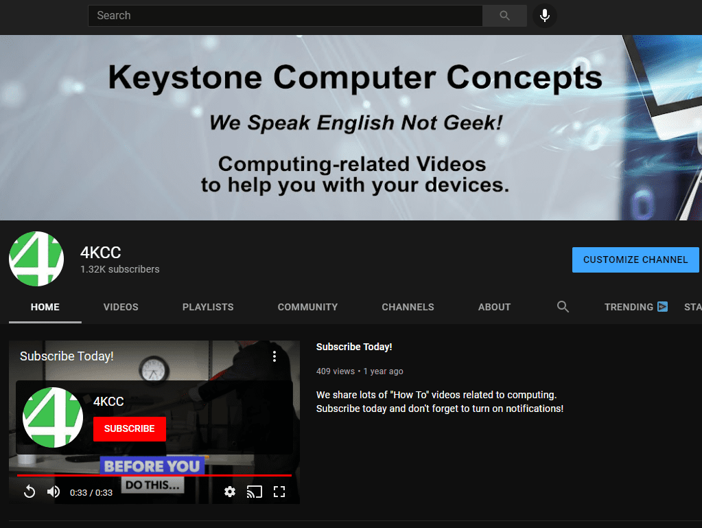 4KCC Home YouTube homepage showing how to subscribe to a YouTube channel