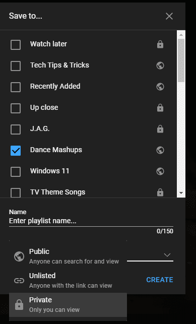 YouTube playul9st create a new playlist window