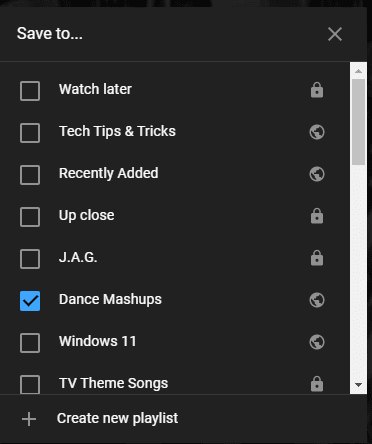 YouTube Playlist "Save To" windows.