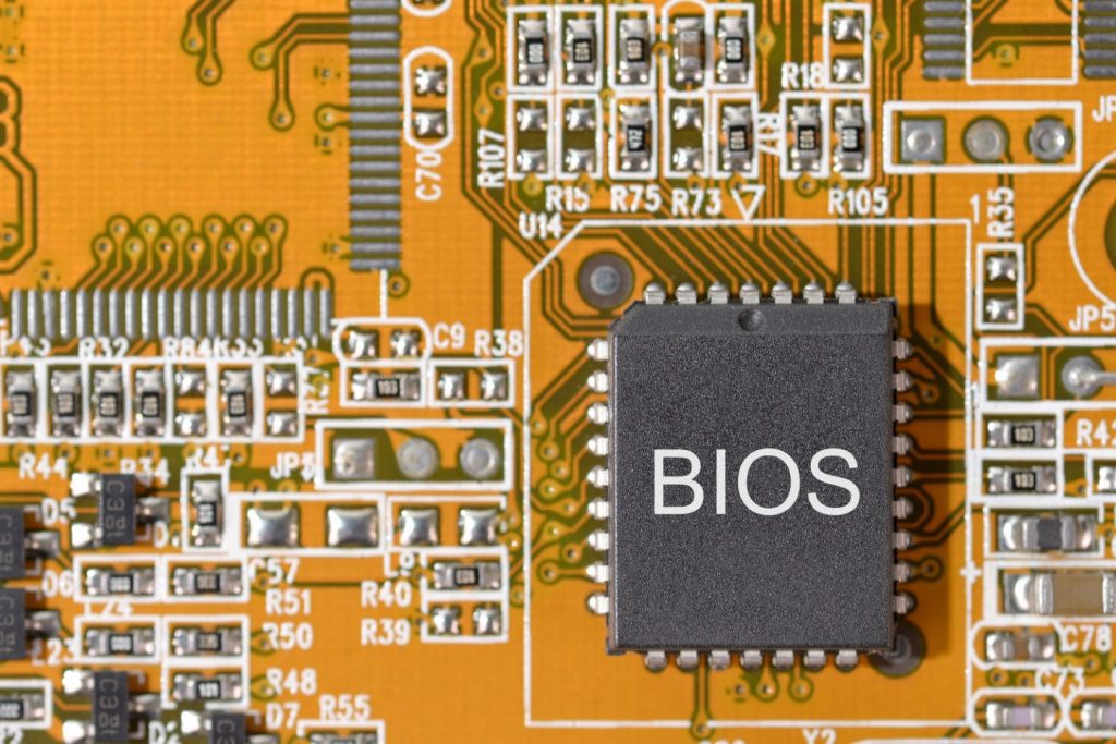 close up of BIOS - which is a form of firmware - on circuit board