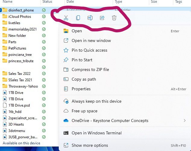 Windows 11 Changes: icons on right-click menu when on file or folder.