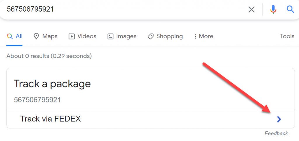 Bing result of searching a FedEx package number.
