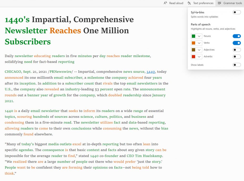 Screenshot of the changes made when I used the Grammar Tools menu