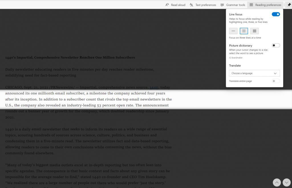 Screenshot of the Reading Preferences Line Focus option