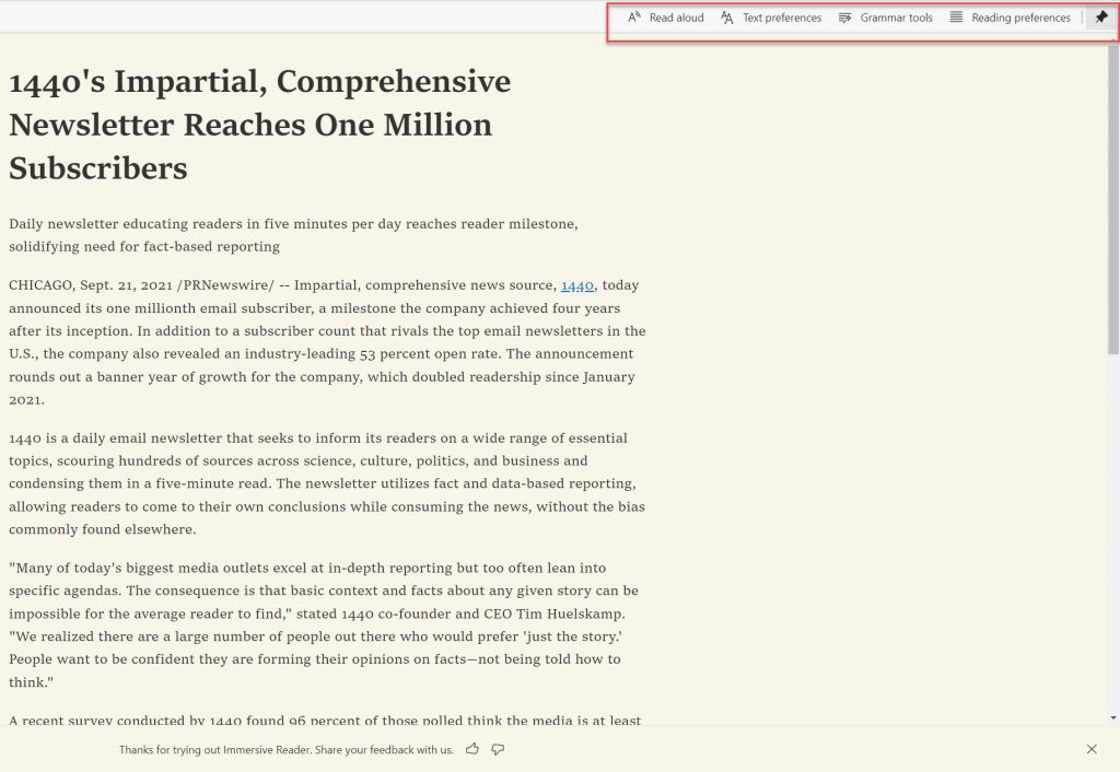 Screenshot of the page in Immersive Reader Mode