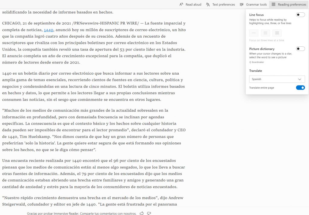 Scrteenshot of the Reading Preferences translate option