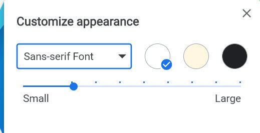 Screenshot of the Chrome text preferences