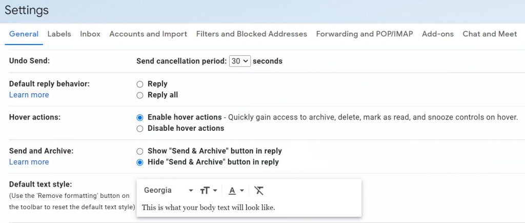 Gmail settings Undo Send to Default text style