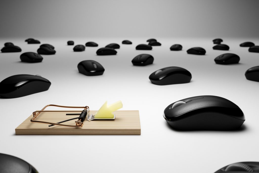 D Rendered Computer Mice and Mousetrap Conceptual Clickbait Image With Clipping Path