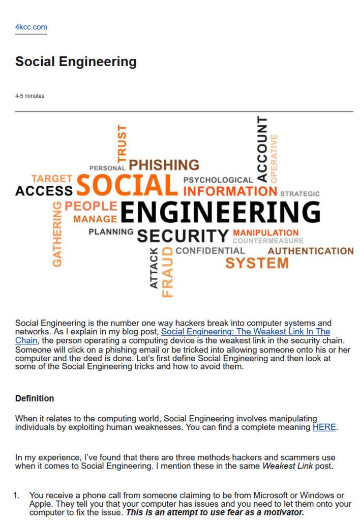 Socail Engineering page from 4kcc.com in the Friefox Reader