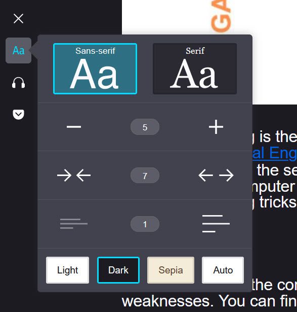 Dark background in the Firefox reader.