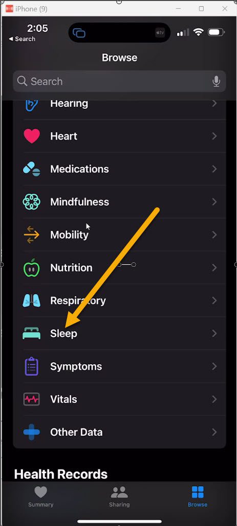 Screenshot of the iPhone Health App menu with an arrow pointing to Sleep