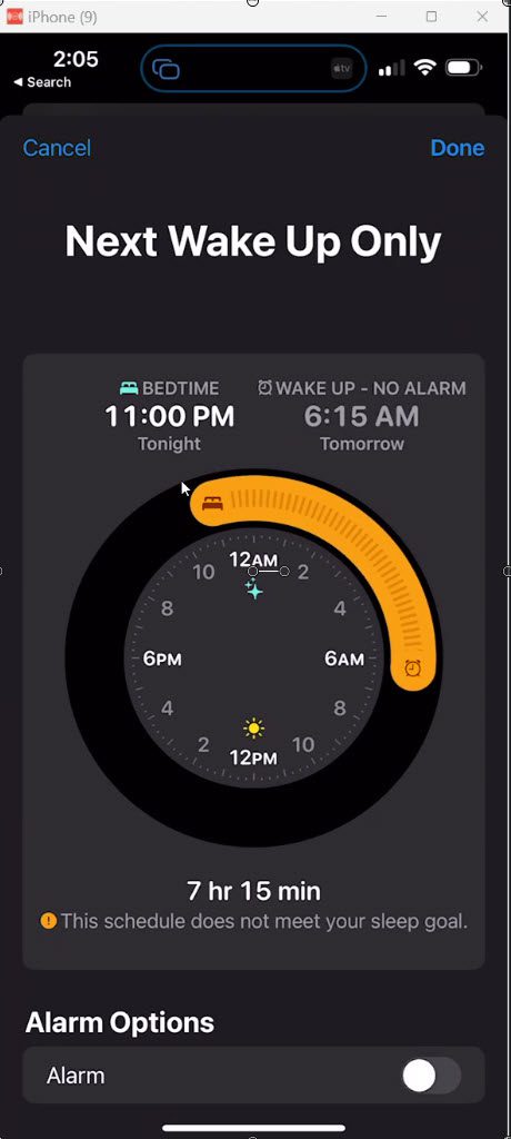 iPhone iOS 16 Sleep Settings - Screenshot of the iPhone Health App Sleep Time Edit windoiw