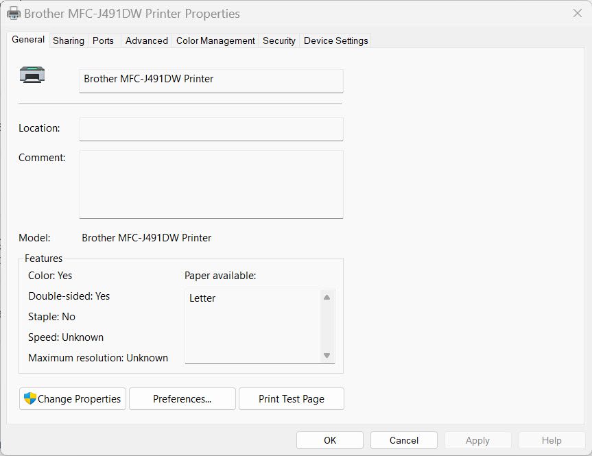 Printer properties window for Brother printer
