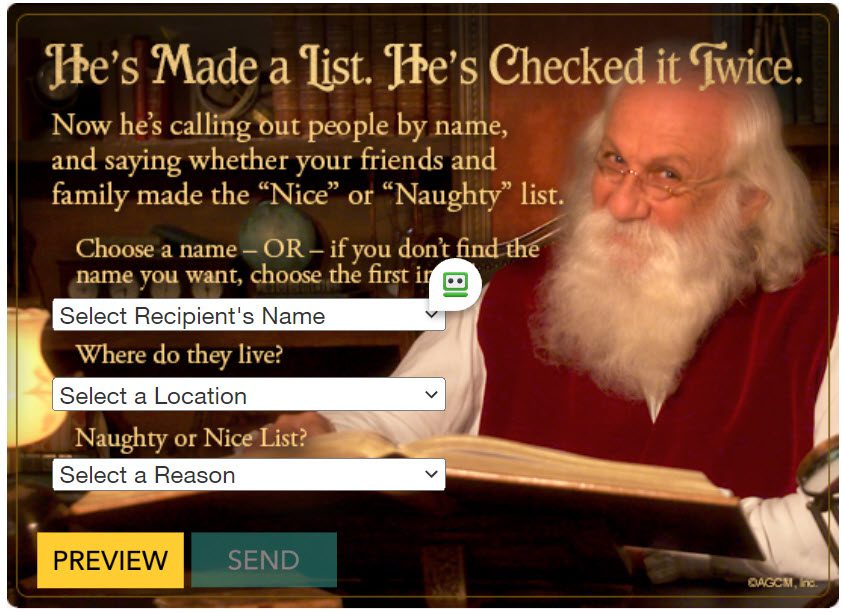 Number 2 on my list of 5 favorite Christmas/Hanukkah E-Greeting Cards - it's Santa with lots of personalization options.