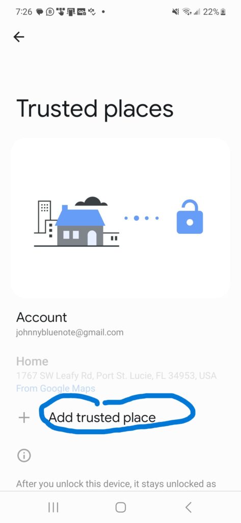 Android phone Smart Lock window with "Add trusted place" highlighted.