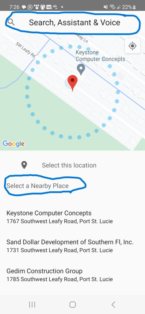 Android phone Trusted Place window with "Select a Nearby Place" and "Search, Assistane & Voice" highlighted.