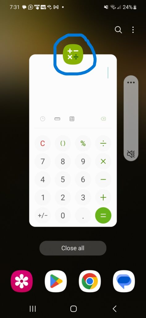 Screenshot of the calculator app on an Android phone with and icon showing above the app after the "Recent" icon was used.