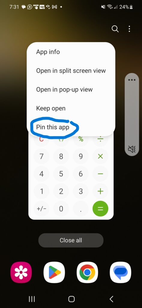 Screenshot of the calculator app on an Android phone with a menu showing and "Pin this app" highlighted.